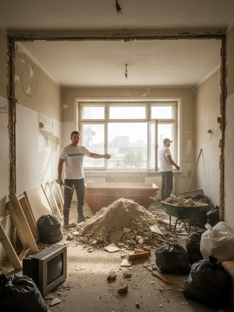 Entrümpelung Zwei Bauarbeiter im Inneren eines Renovierungsprojekts, umgeben von Werkzeug und Abfällen.